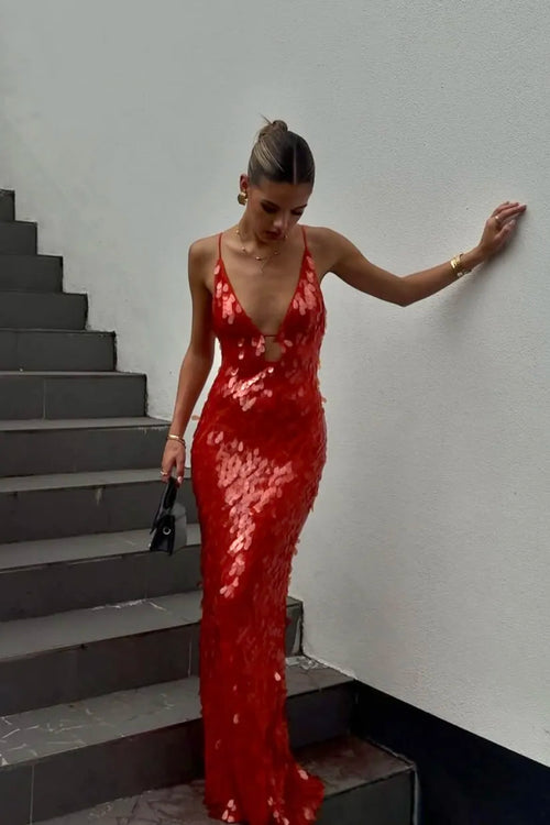 Women’s Sequin Maxi Dress Plunging V-Neck Backless Evening Gown