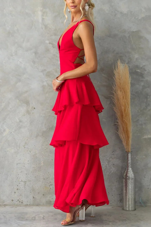 Women’s Sleeveless Maxi Dress with Tiered Skirt and Deep V-Neckline