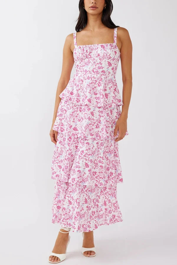Women’s Tiered Maxi Dress with Square Neckline and Open Back Tie Detail