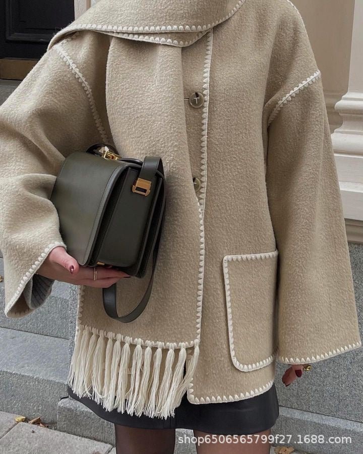 Women's Oversized Cape Coat with Fringe Trim and Contrast Stitching