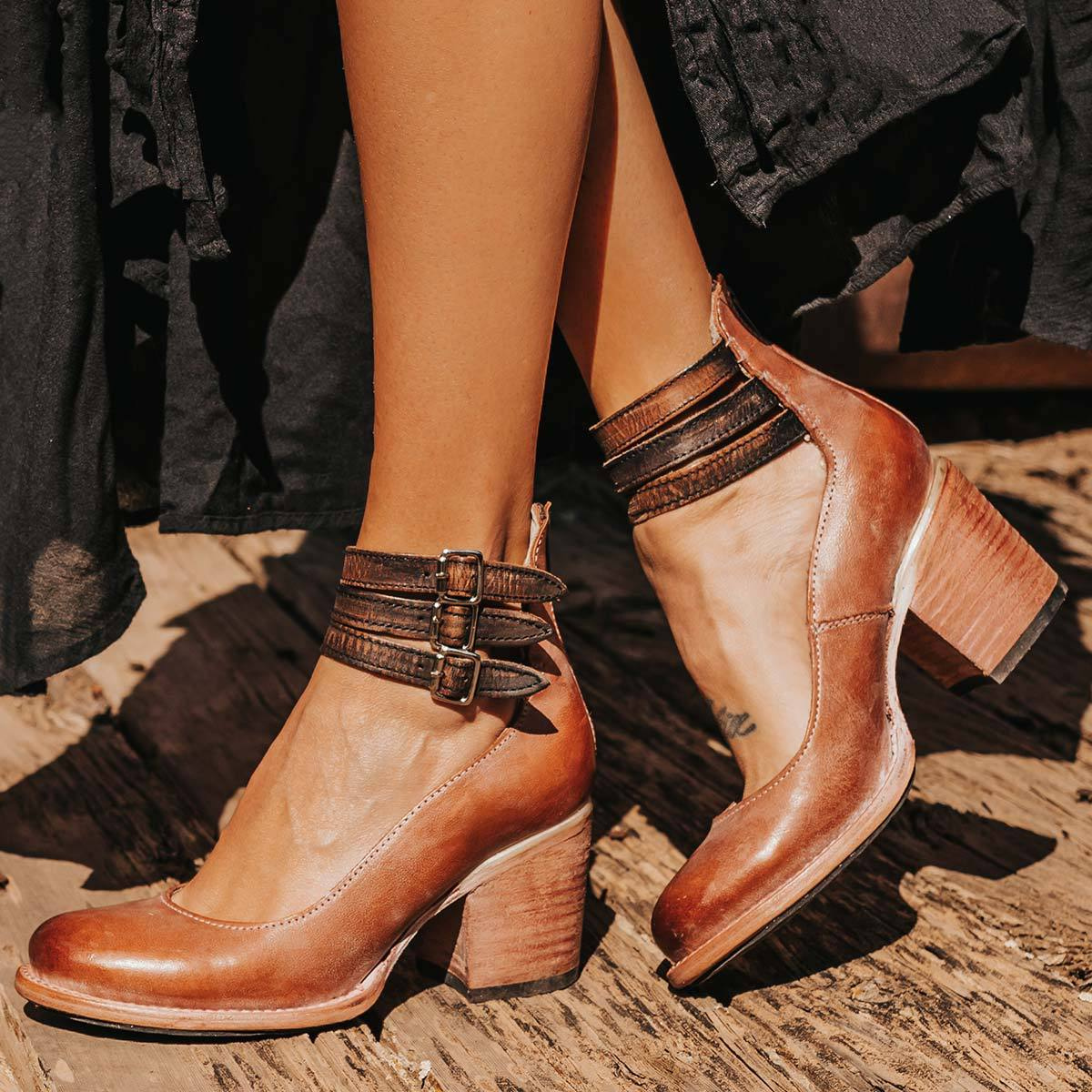 Women’s Block Heel Pumps with Triple Ankle Straps and Distressed Leather Finish