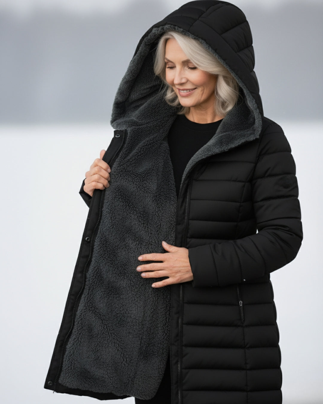 Women's Long Puffer Coat With Fleece-Lined Hood
