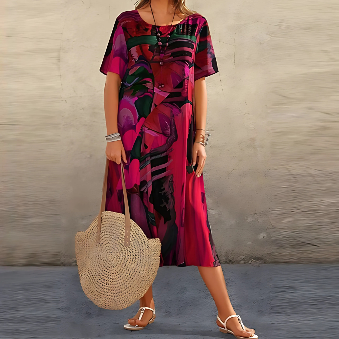 Women's Floral Midi Dress with V-Neckline and Relaxed A-Line Silhouette