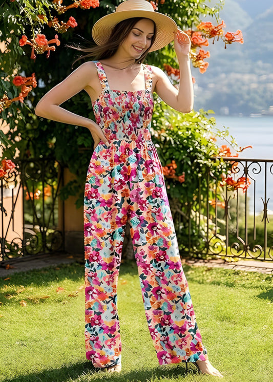 Women's Floral Wide Leg Jumpsuit with Smocked Square Neck and Pockets