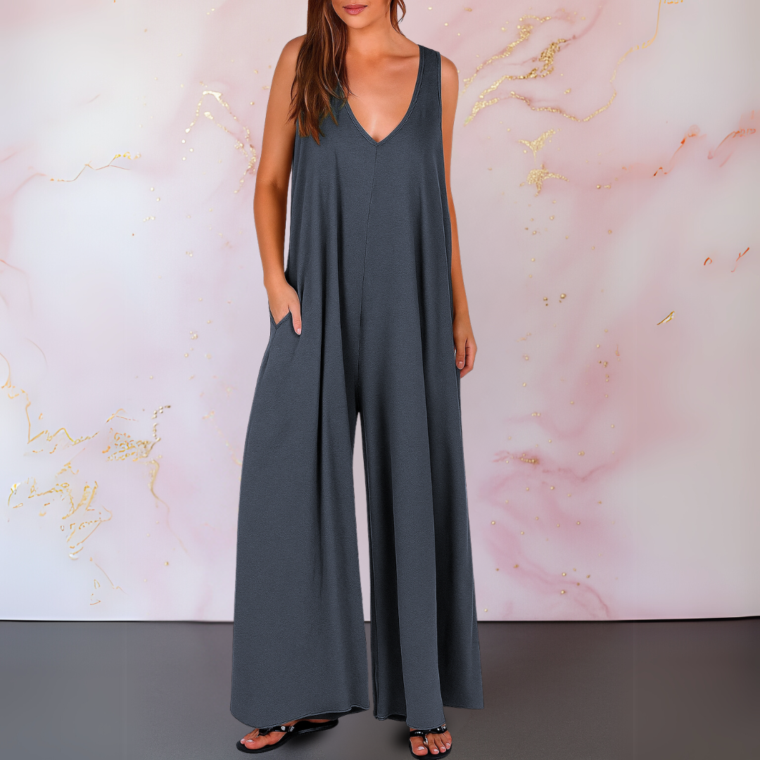 Women's Wide Leg Jumpsuit V-Neck Sleeveless Relaxed Fit with Pockets