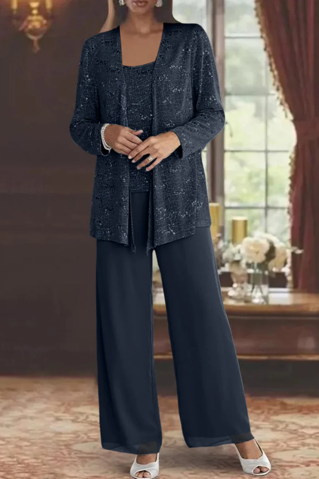 Women’s Three-Piece Pantsuit with Sequin Lace Jacket and Wide-Leg Trousers