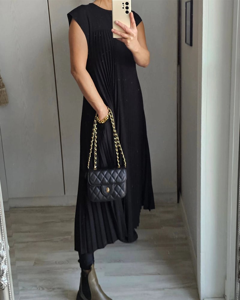 Women's Pleated Maxi Dress with Extended Cap Sleeves and Relaxed Empire Waist