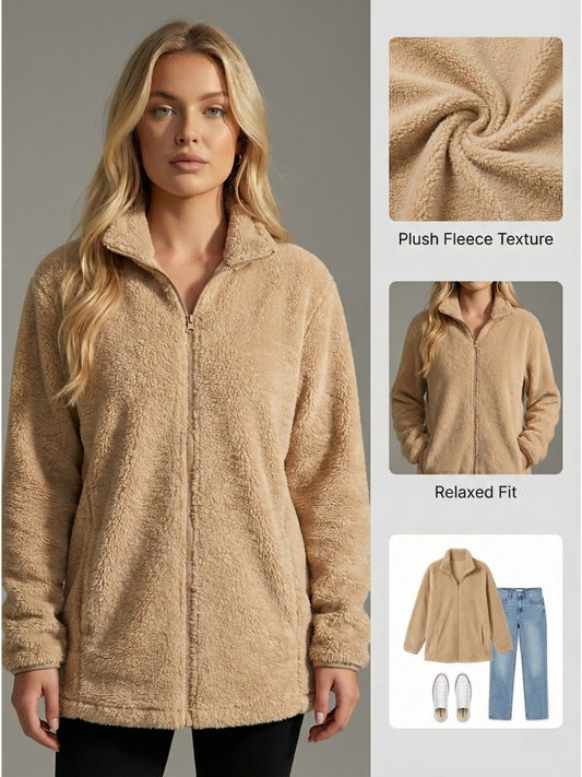 Ceylan Women’s Teddy Fleece Jacket Warm Longline Zip-Up