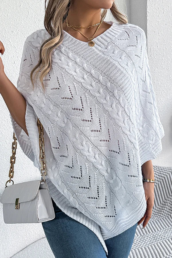 Women’s Knitted Cape with Openwork Pointelle Stitch and Scalloped Hem