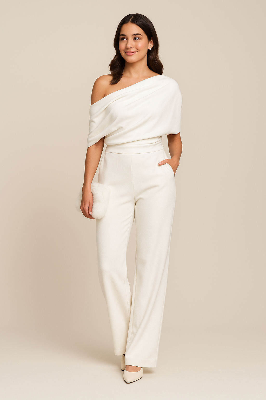 Women’s One-Shoulder Drape Jumpsuit Elegant Wide Leg Evening Romper