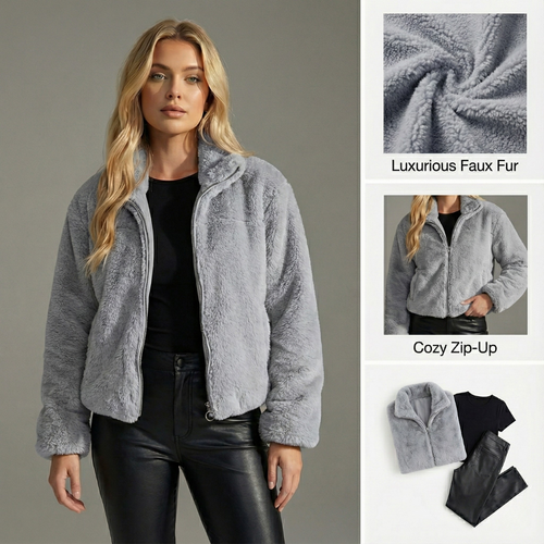 Ceylan Women’s Cropped Faux Fur Zip-Up Jacket