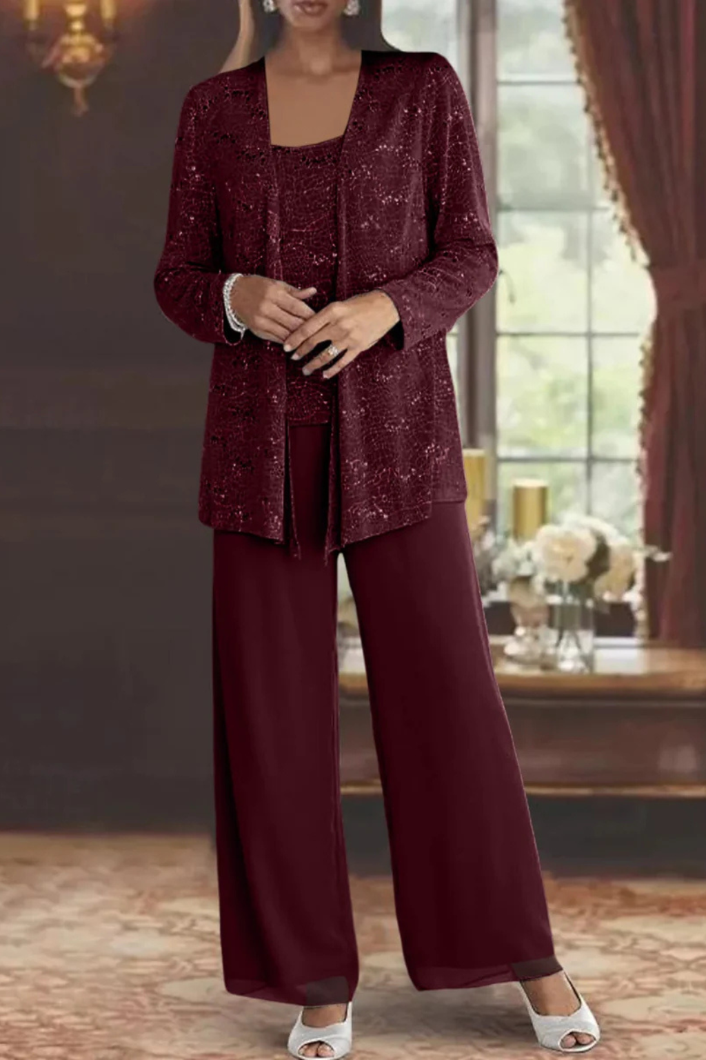 Women’s Three-Piece Pantsuit with Sequin Lace Jacket and Wide-Leg Trousers