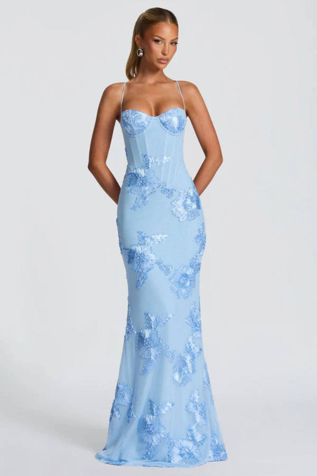 Women’s Maxi Dress with Underwire Corset Bodice and Satin Floral Embroidery