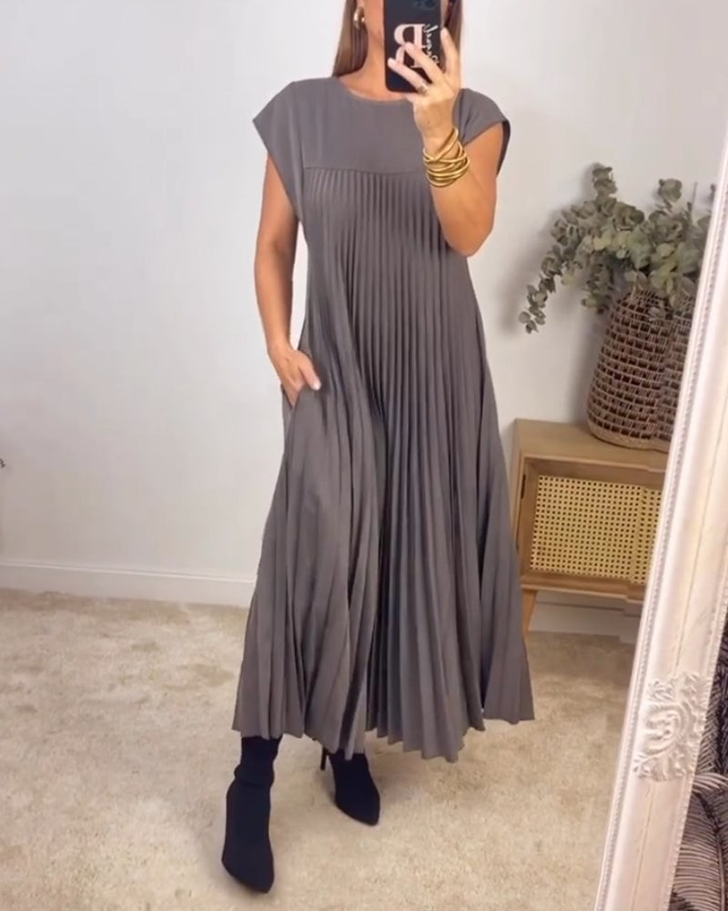 Women's Pleated Maxi Dress with Extended Cap Sleeves and Relaxed Empire Waist