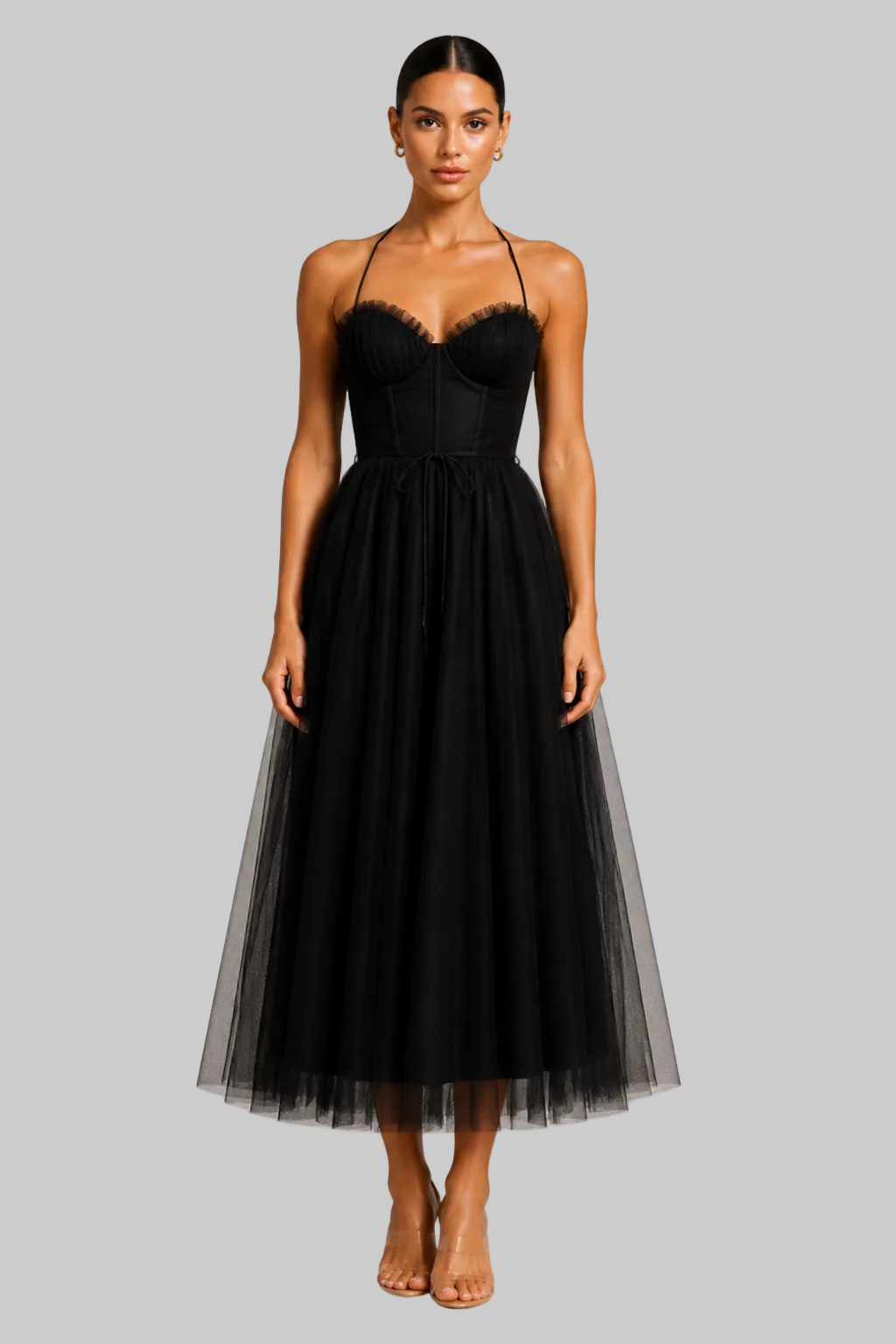 Women’s Midi Dress Corset Bodice Pleated Tulle Skirt