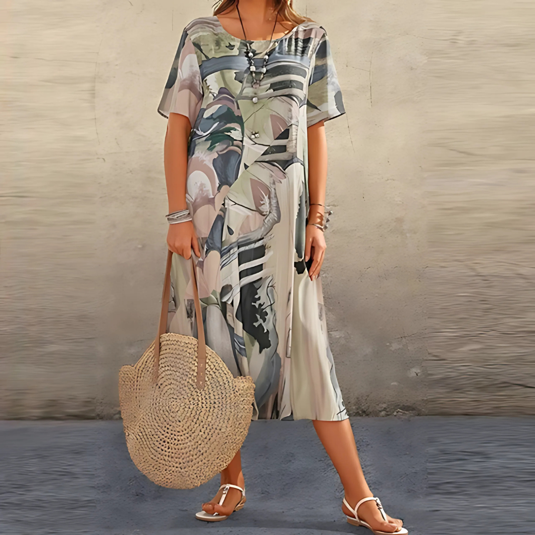 Women's Floral Midi Dress with V-Neckline and Relaxed A-Line Silhouette