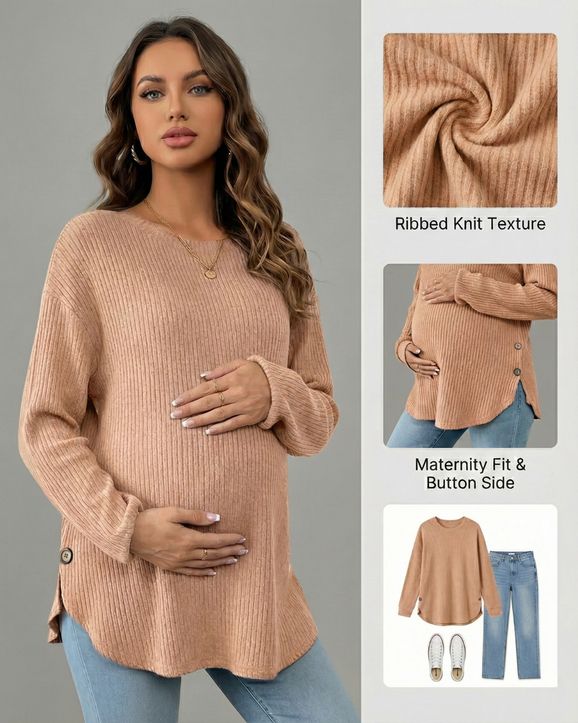 Ceylan Women's Ribbed Maternity Tunic Sweater Empire Waist