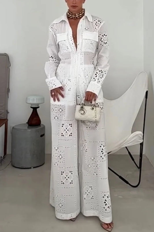 Women’s Shirt Jumpsuit with Embroidered Eyelet Lace and Wide Leg Silhouette