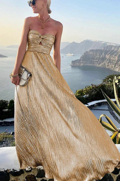 Women's Strapless Twist Front Pleated Wedding Guest Maxi Dress