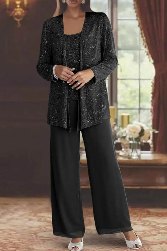 Women’s Three-Piece Pantsuit with Sequin Lace Jacket and Wide-Leg Trousers