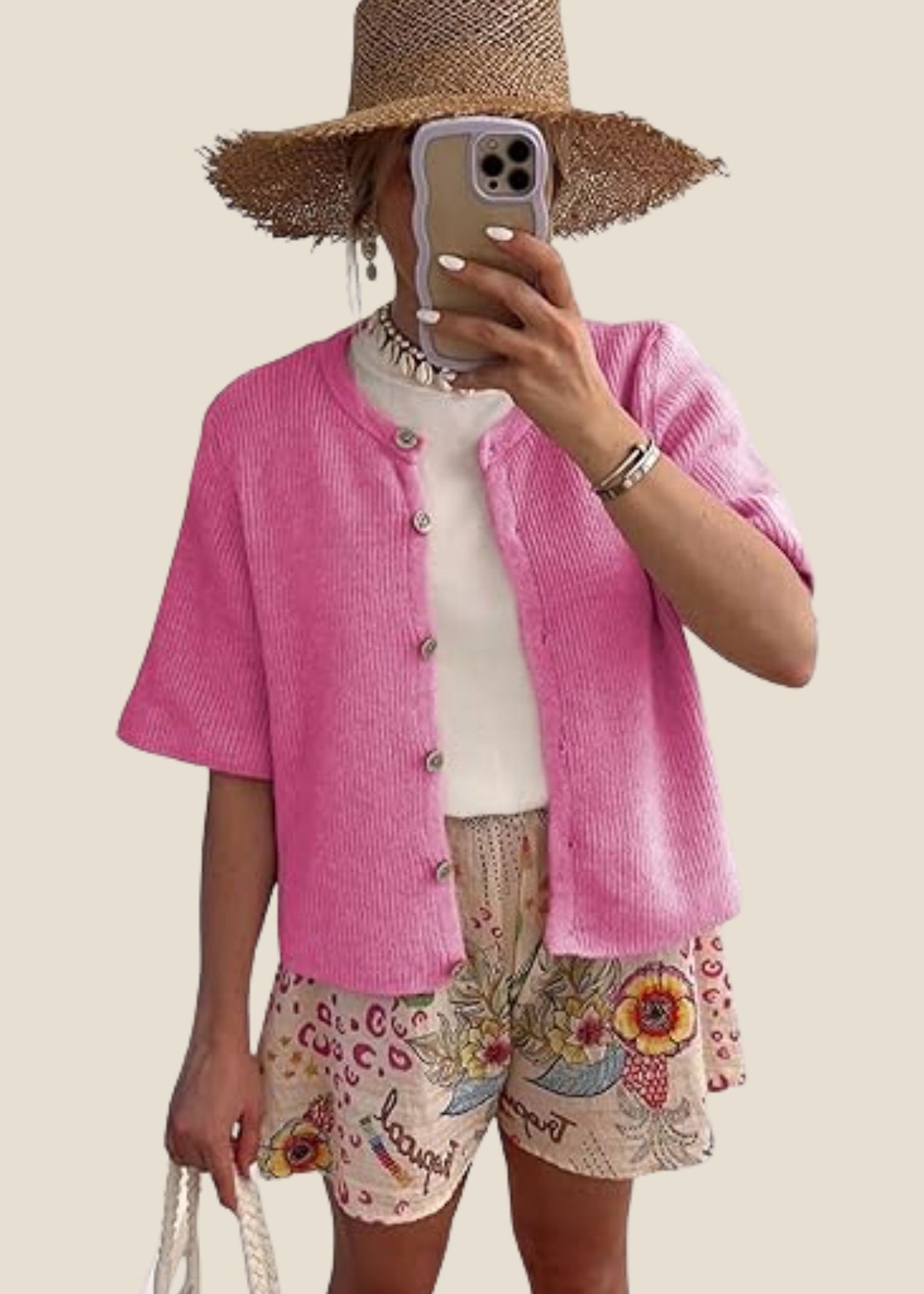 Women’s Short Sleeve Knit Cardigan with Ribbed Texture and Button-Down Front