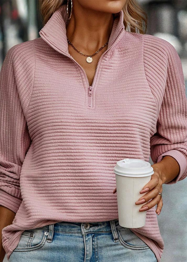 Women’s Quarter-Zip Pullover with Horizontal Ribbed Texture and Relaxed Fit