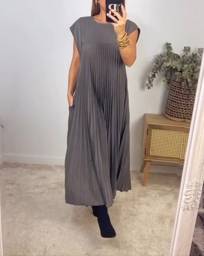 Women's Pleated Maxi Dress with Extended Cap Sleeves and Relaxed Empire Waist