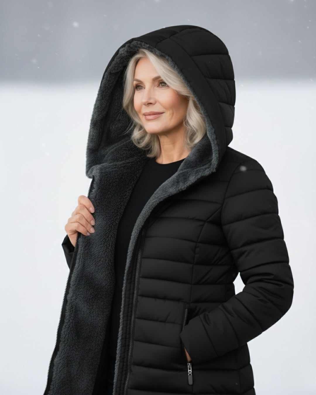 Women's Long Puffer Coat With Fleece-Lined Hood