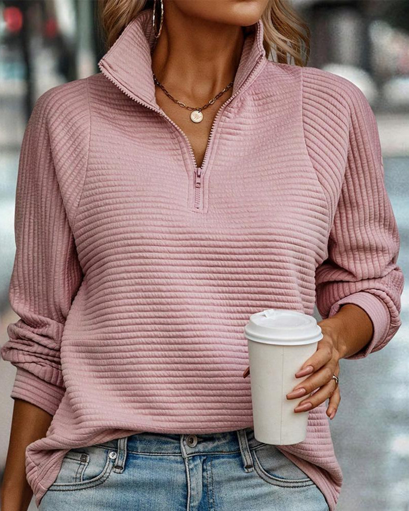 Women’s Quarter Zip Pullover with Ribbed Texture and Adjustable Stand Collar