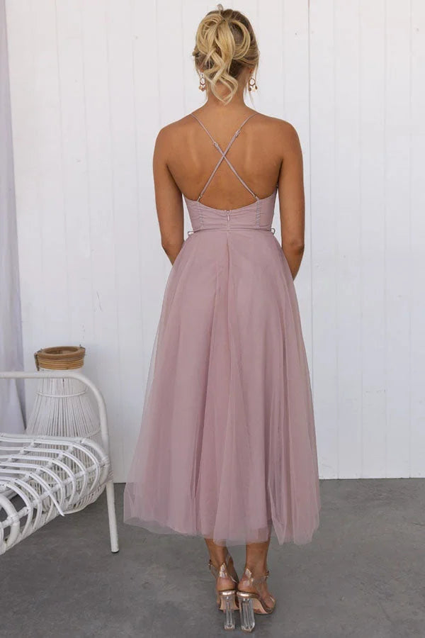 Women’s Tulle Bustier Midi Dress with Corset Bodice and Ruched Cups