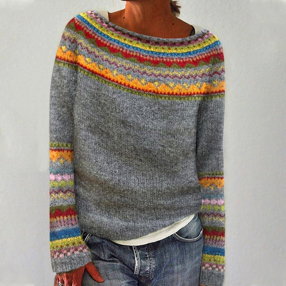 Women¡¯s Fair Isle Sweater Relaxed Fit Crew Neck Knit Pullover with Aztec Borders
