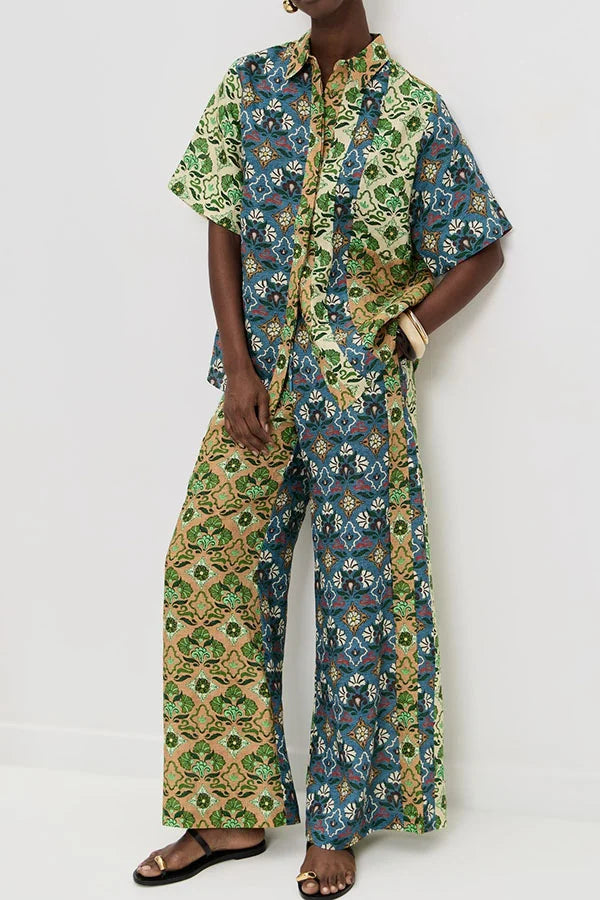 Women’s Two-Piece Set with Floral Patchwork Blouse and Wide Leg Pocket Pants