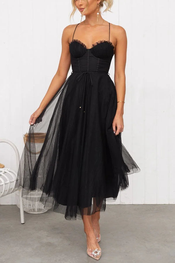 Women’s Tulle Bustier Midi Dress with Corset Bodice and Ruched Cups