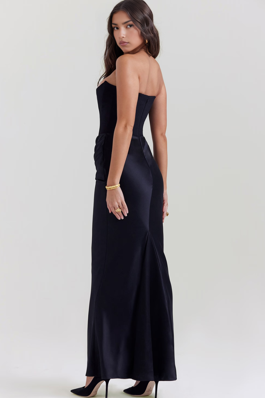 Women’s Strapless Maxi Dress Corset Bodice Draped Hip Wedding Guest Gown
