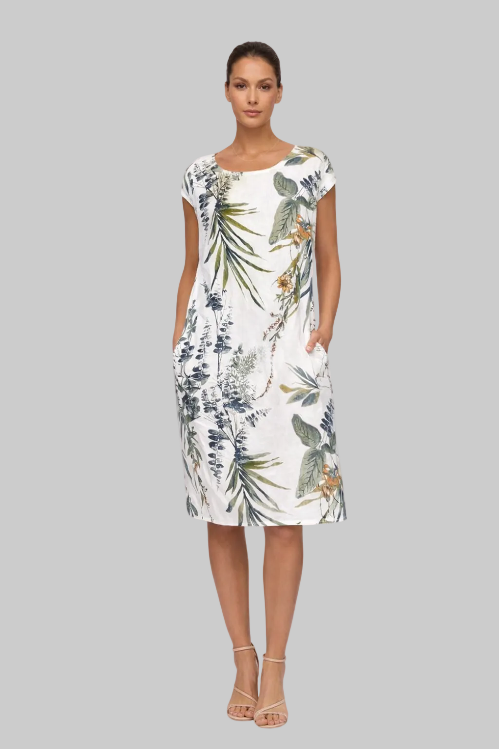 Women’s Shift Dress with Botanical Print and Hidden Side Pockets