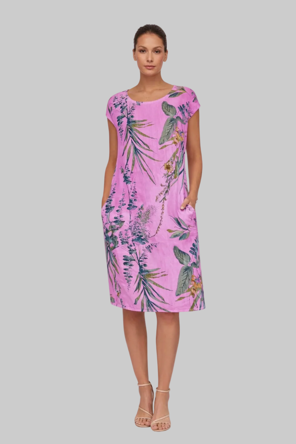 Women’s Shift Dress with Botanical Print and Hidden Side Pockets
