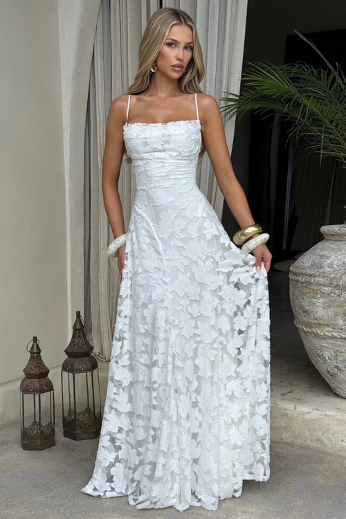 Women’s Maxi Dress with Cami Straps and Floral Brocade Texture