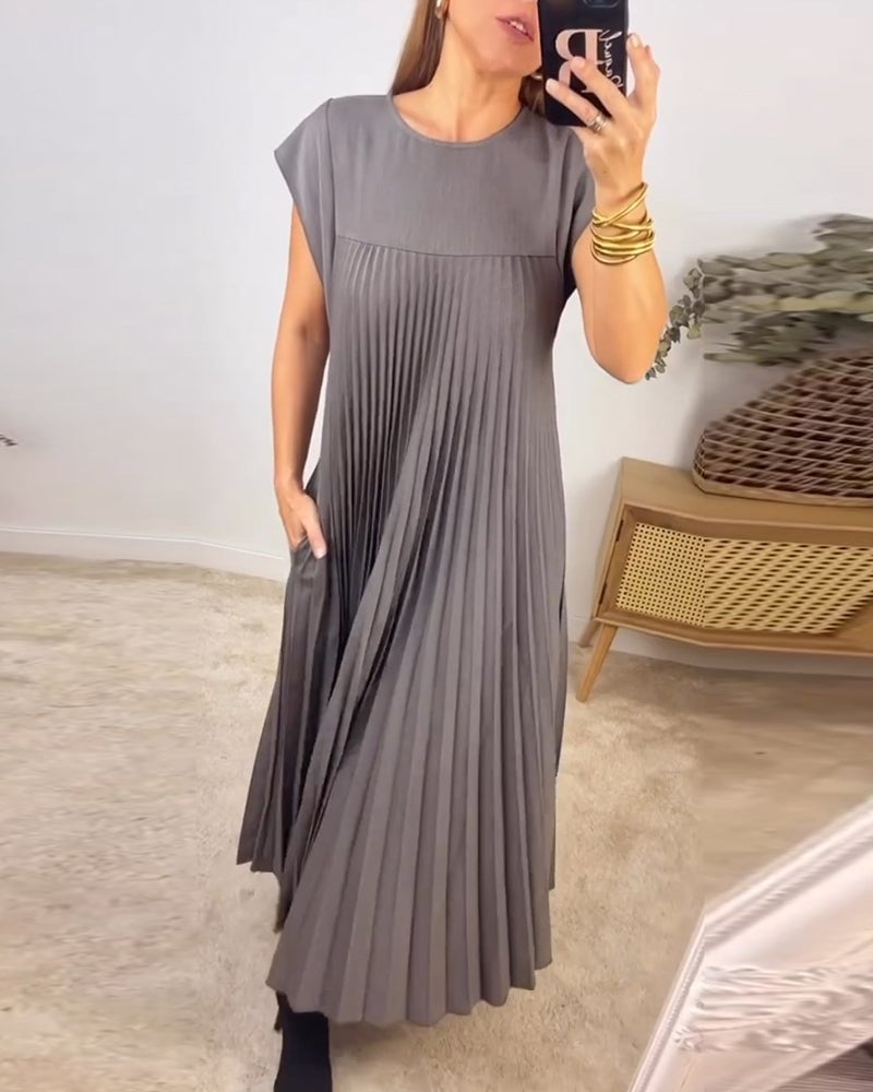 Women's Pleated Maxi Dress with Extended Cap Sleeves and Relaxed Empire Waist