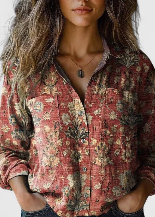 Women’s Button Down Shirt with Vintage Paisley Floral Print and Long Sleeves