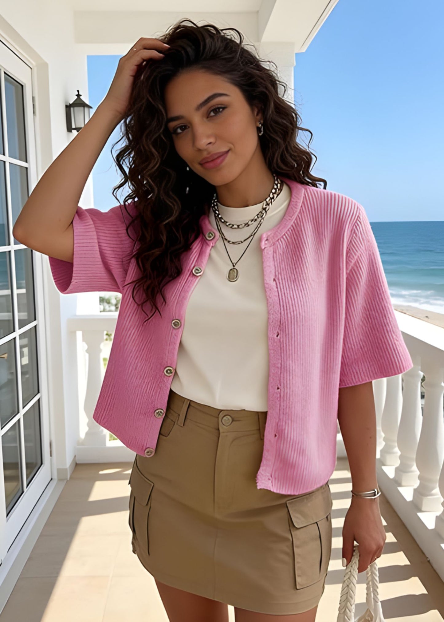 Women’s Short Sleeve Knit Cardigan with Ribbed Texture and Button-Down Front