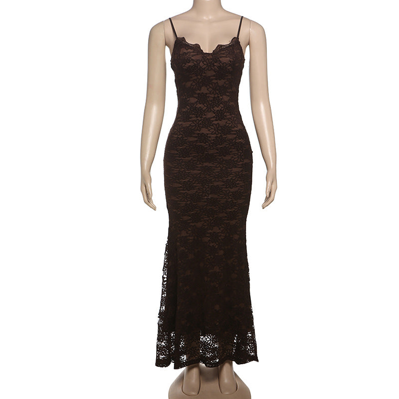 Women’s Lace Slip Maxi Dress with Floral Scalloped Neckline Trim