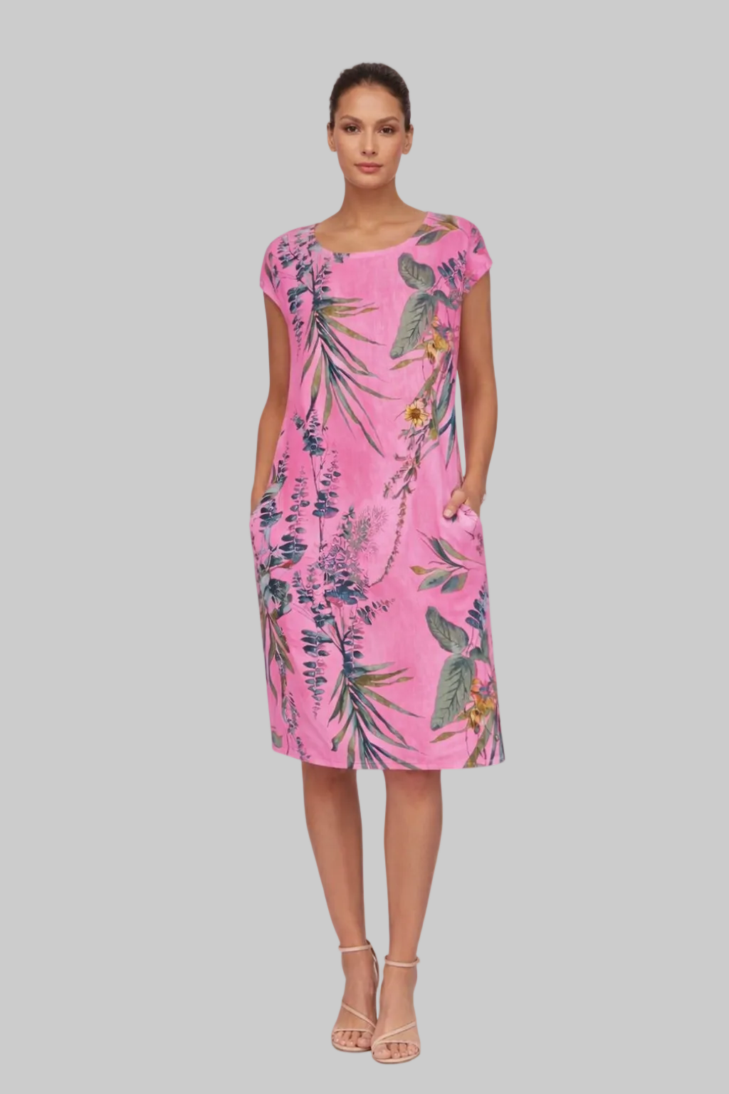 Women’s Shift Dress with Botanical Print and Hidden Side Pockets