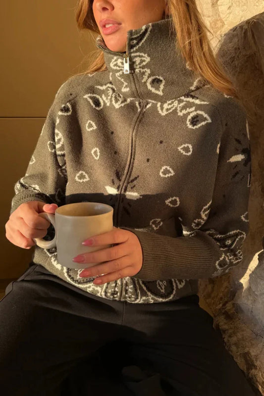Women's Knit Zip-Up Sweater with Jacquard Paisley Print and High Turtleneck