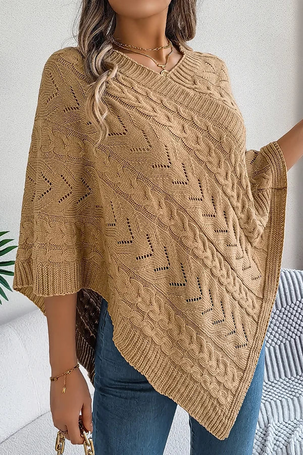 Women’s Knitted Cape with Openwork Pointelle Stitch and Scalloped Hem