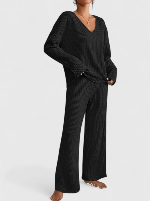Women's Ribbed Knit V-Neck Top And Wide-Leg Pants Set