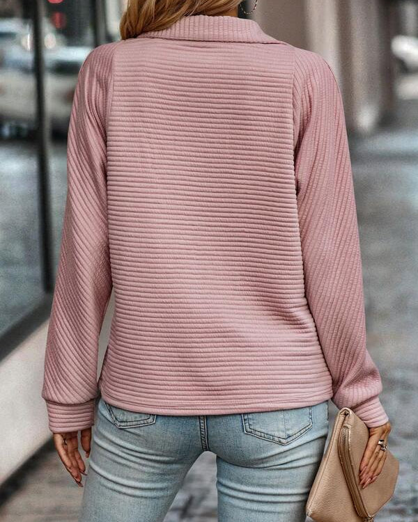 Women’s Quarter Zip Pullover with Ribbed Texture and Adjustable Stand Collar
