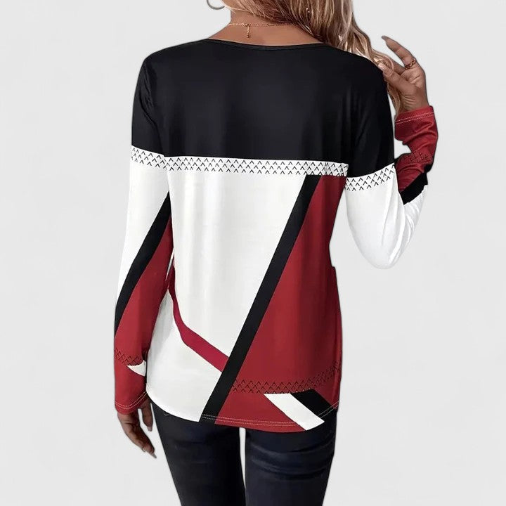 Women's Color-Block Geometric Print Long Sleeve Top