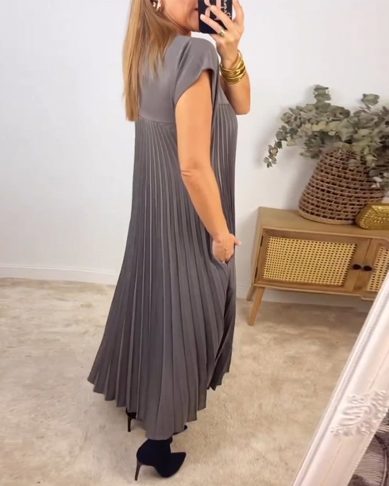 Women's Pleated Maxi Dress with Extended Cap Sleeves and Relaxed Empire Waist