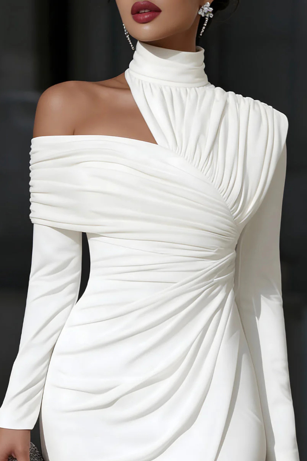 Women’s Midi Dress with High Mock Neckline and Asymmetric One-Shoulder Drape