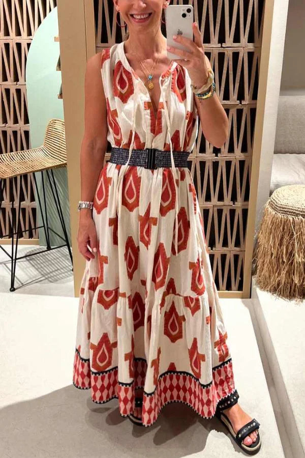 Women’s Maxi Dress with Shoulder Tie Straps and Tiered A-Line Silhouette